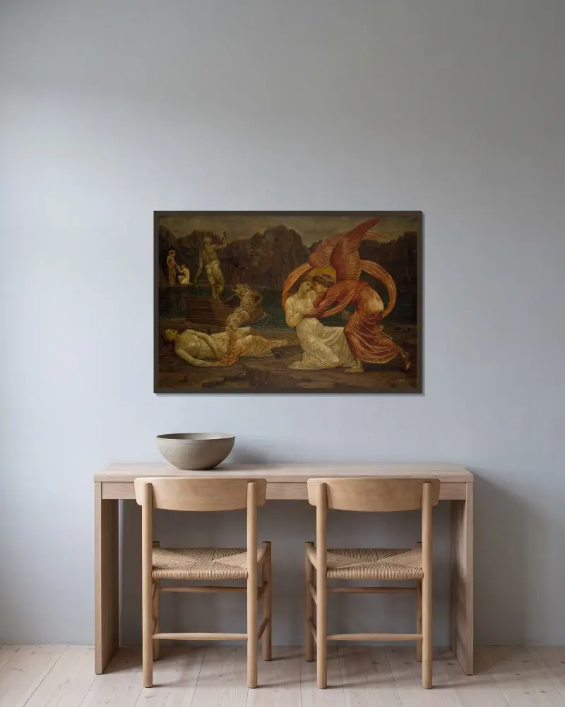 Psyche empfängt das Kästchen von Proserpina von Sir Edward Coley Burne-Jones gerahmt an einer Wand