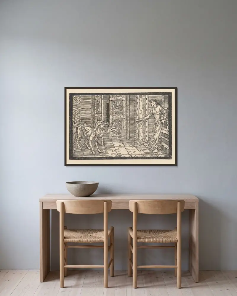 Psyche throwing the honey cakes to Cerberus av Sir Edward Coley Burne-Jones inramad på en vägg