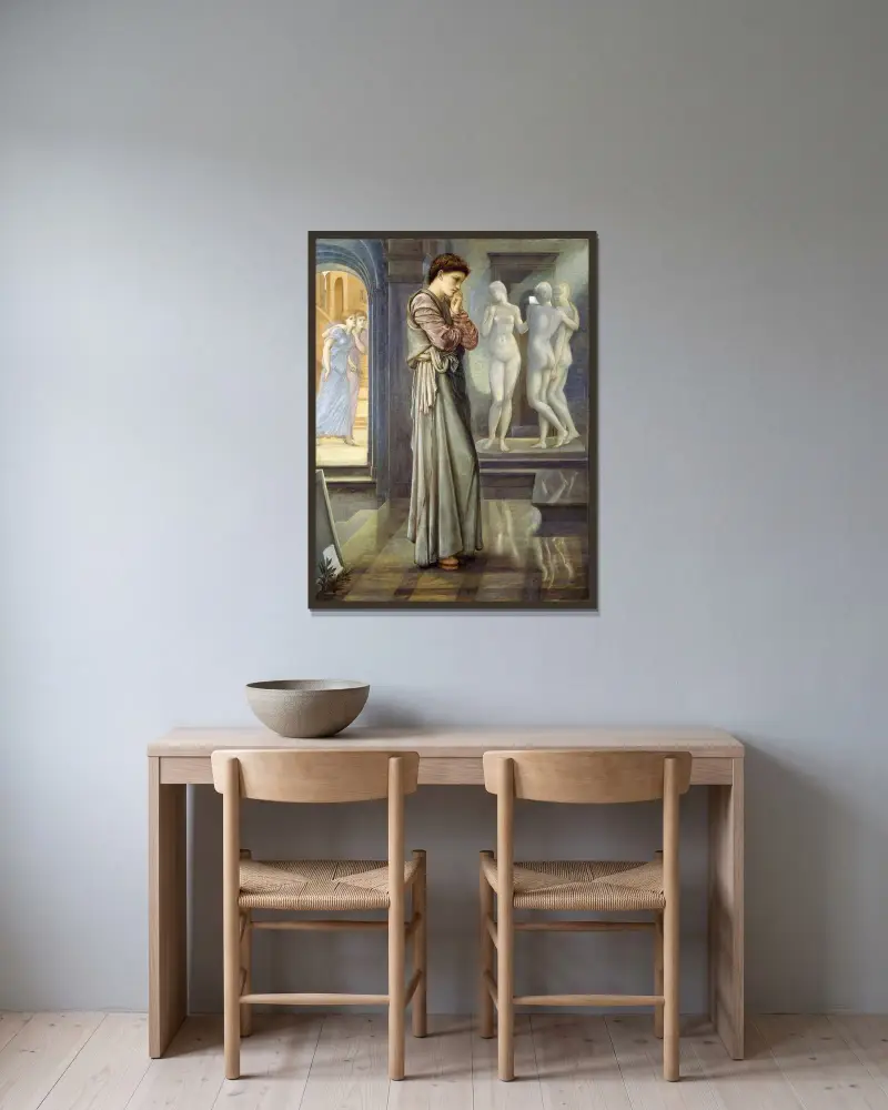 Pygmalion And The Image – The Heart Desires av Sir Edward Coley Burne-Jones inramad på en vägg