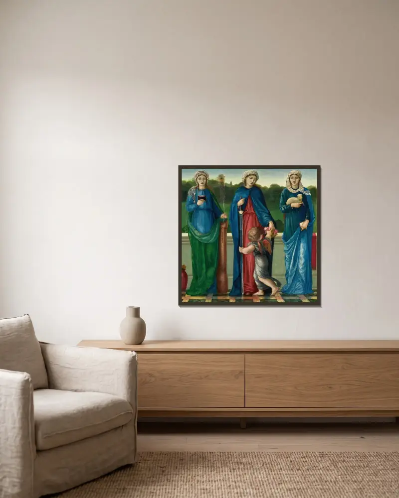 St Barbara, St Dorothy And St Agnes av Sir Edward Coley Burne-Jones inramad på en vägg