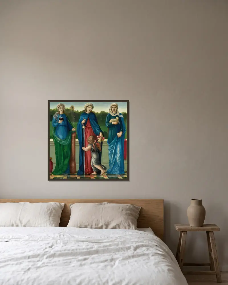 St Barbara, St Dorothy And St Agnes av Sir Edward Coley Burne-Jones inramad på en vägg