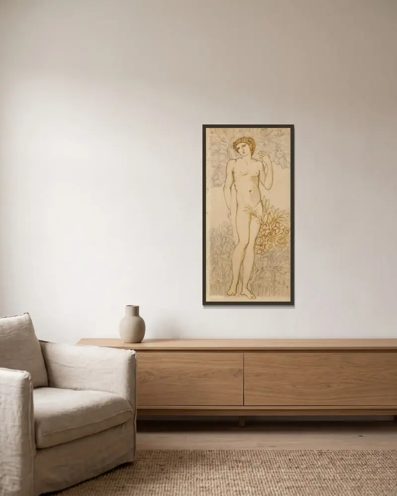 Hierarkins änglar – Manlig nakenstudie – Imago Dei 'I Guds avbild – Adam' av Sir Edward Coley Burne-Jones inramad på en vägg