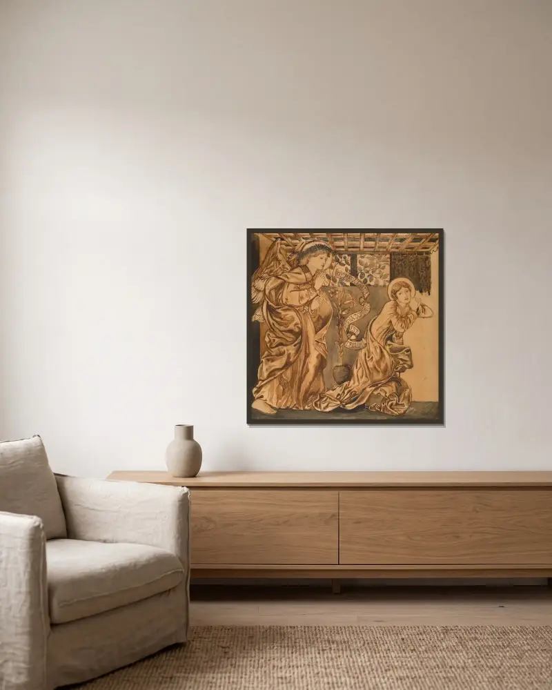 Verkündigung von Sir Edward Coley Burne-Jones gerahmt an einer Wand