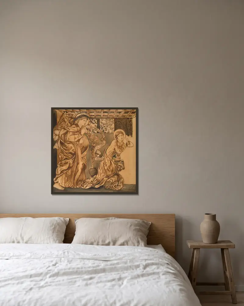 Verkündigung von Sir Edward Coley Burne-Jones gerahmt an einer Wand