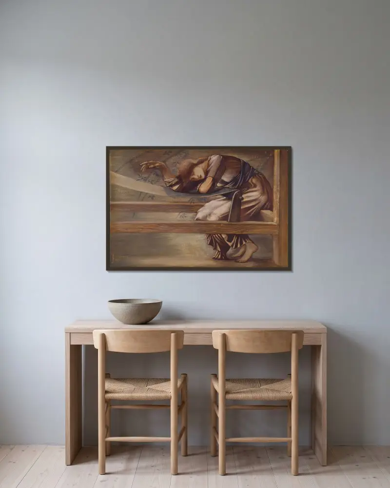 The Briar Rose Series – Study for ‘The Garden Court’ – nr 1 av Sir Edward Coley Burne-Jones inramad på en vägg