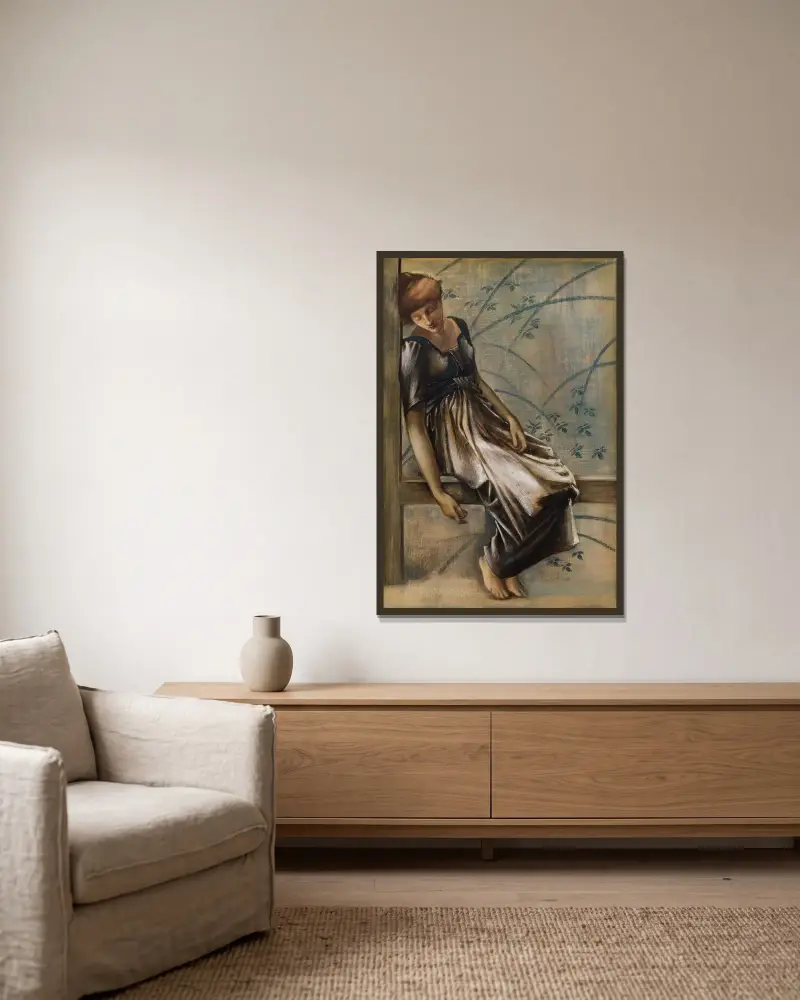 The Briar Rose Series – Study for ‘The Garden Court’ III av Sir Edward Coley Burne-Jones inramad på en vägg