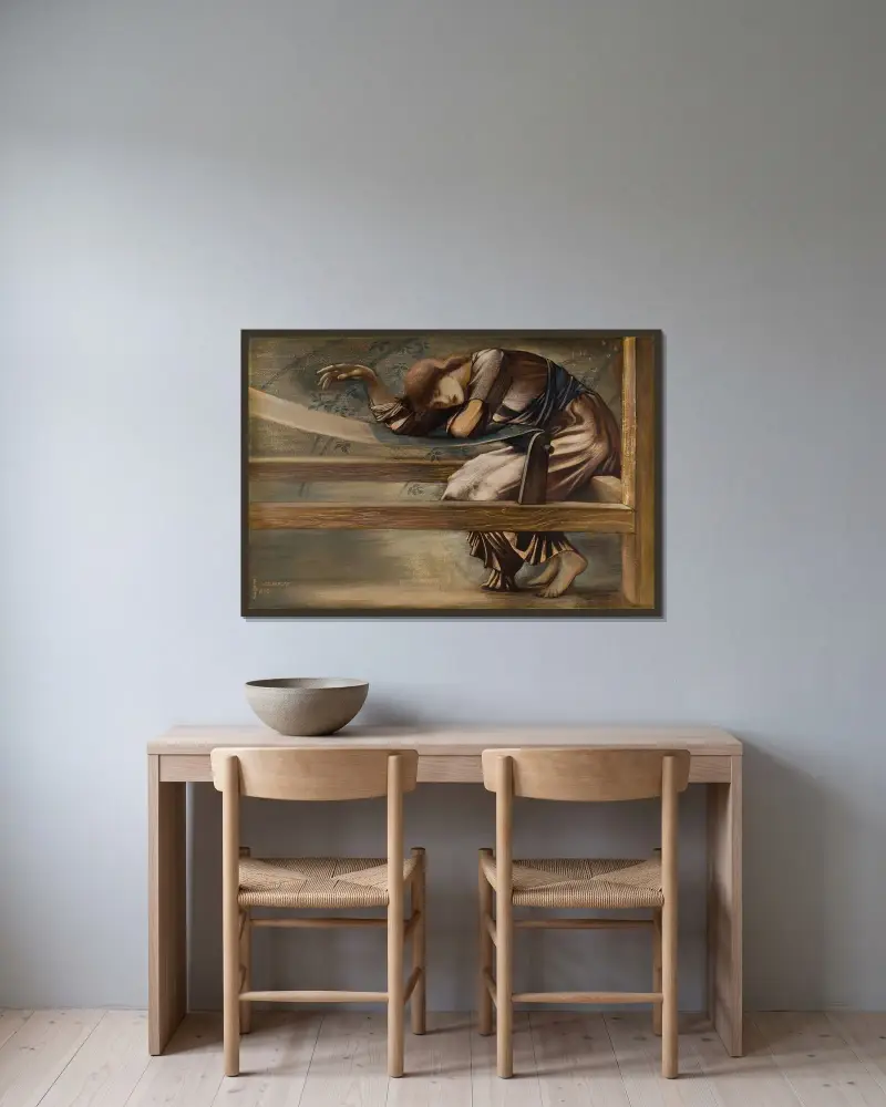 The Briar Rose Series – Study for ‘The Garden Court’ V av Sir Edward Coley Burne-Jones inramad på en vägg