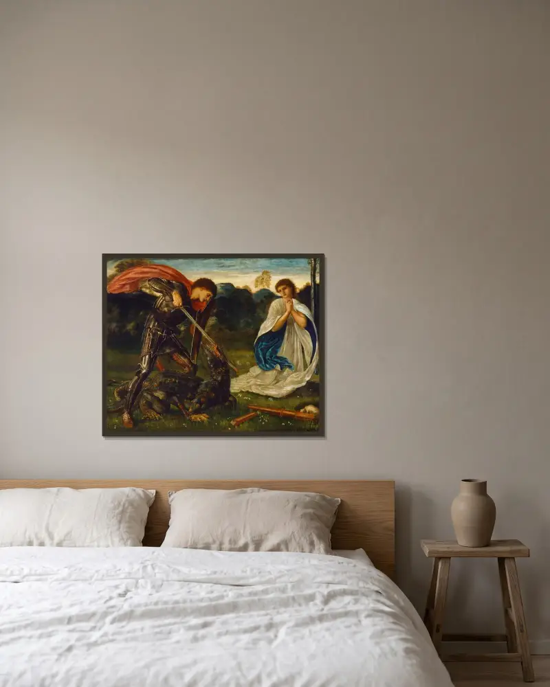 The fight; St George kills the dragon VI av Sir Edward Coley Burne-Jones inramad på en vägg