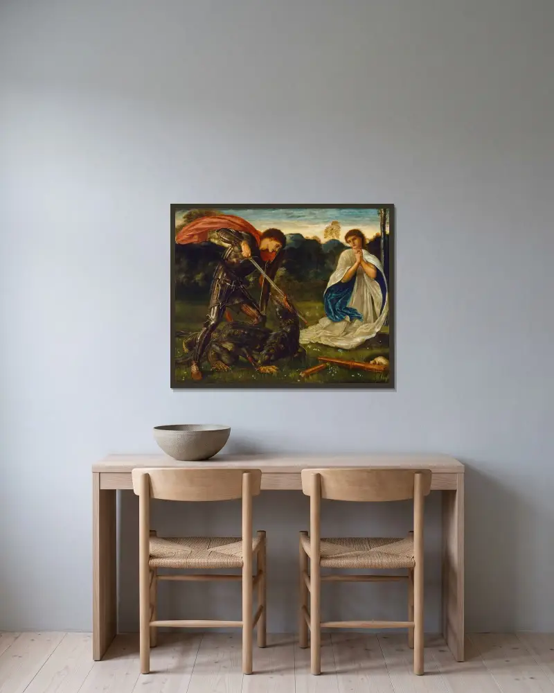 The fight; St George kills the dragon VI av Sir Edward Coley Burne-Jones inramad på en vägg
