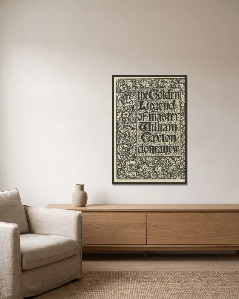 The Golden legend of Master William Caxton done anew – Titlepage av Sir Edward Coley Burne-Jones inramad på en vägg
