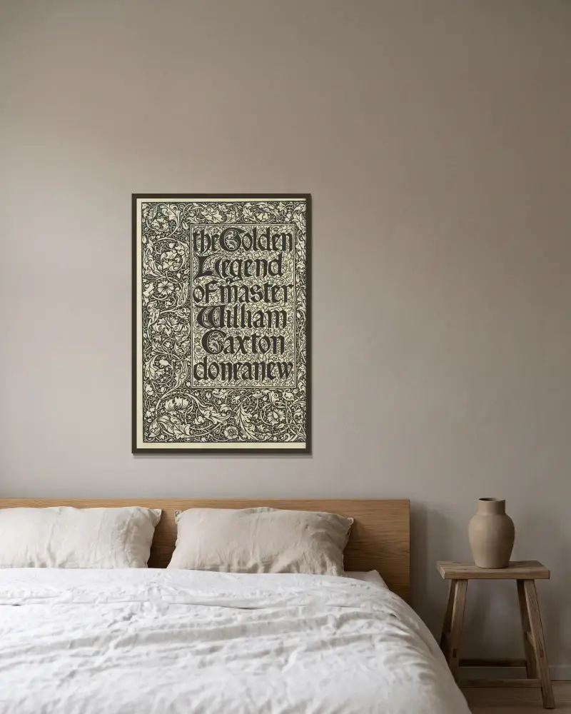 The Golden legend of Master William Caxton done anew – Titlepage av Sir Edward Coley Burne-Jones inramad på en vägg