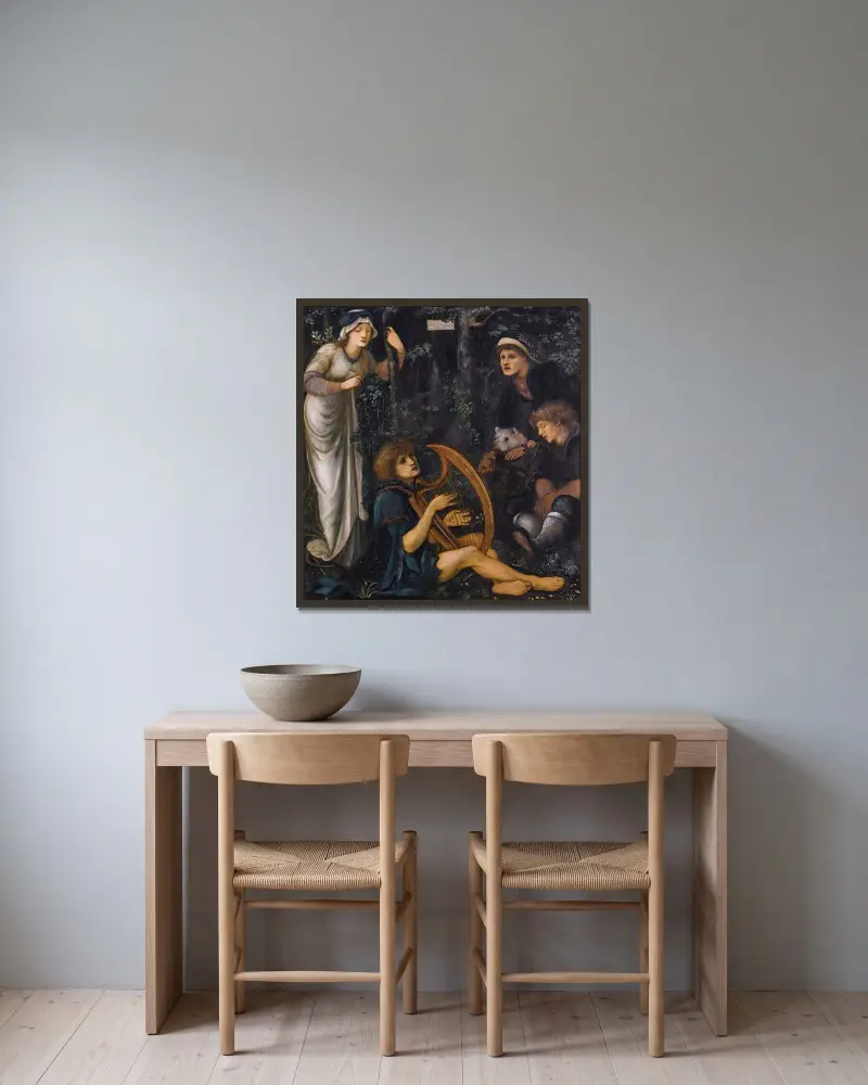 The Madness of Sir Tristram – nr 1 av Sir Edward Coley Burne-Jones inramad på en vägg