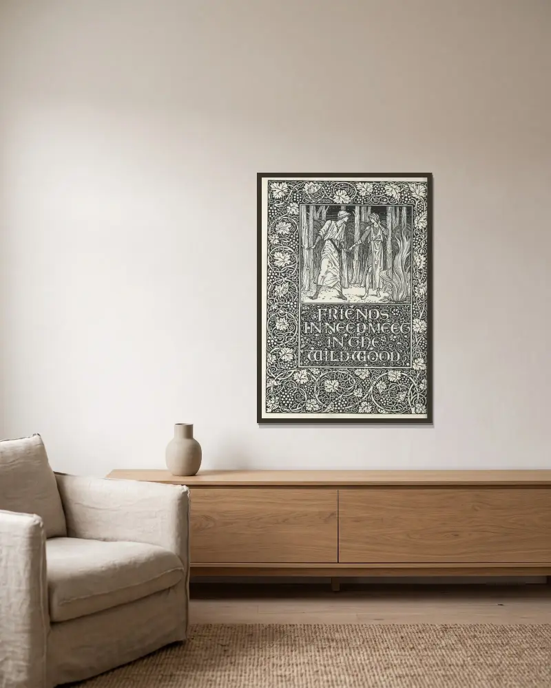 The well at the world’s end – Friends in need meet in the wildwood av Sir Edward Coley Burne-Jones inramad på en vägg