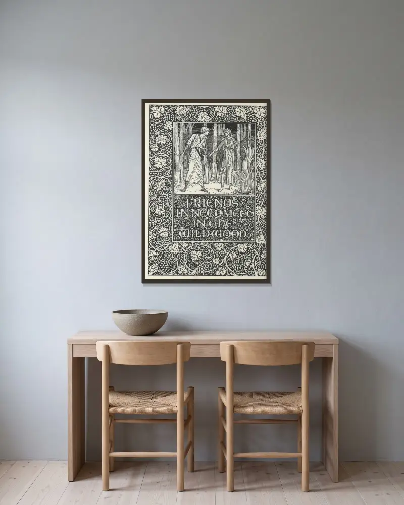 The well at the world’s end – Friends in need meet in the wildwood av Sir Edward Coley Burne-Jones inramad på en vägg