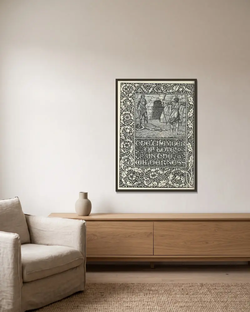 The well at the world’s end – The Chamber of love in the wilderness av Sir Edward Coley Burne-Jones inramad på en vägg