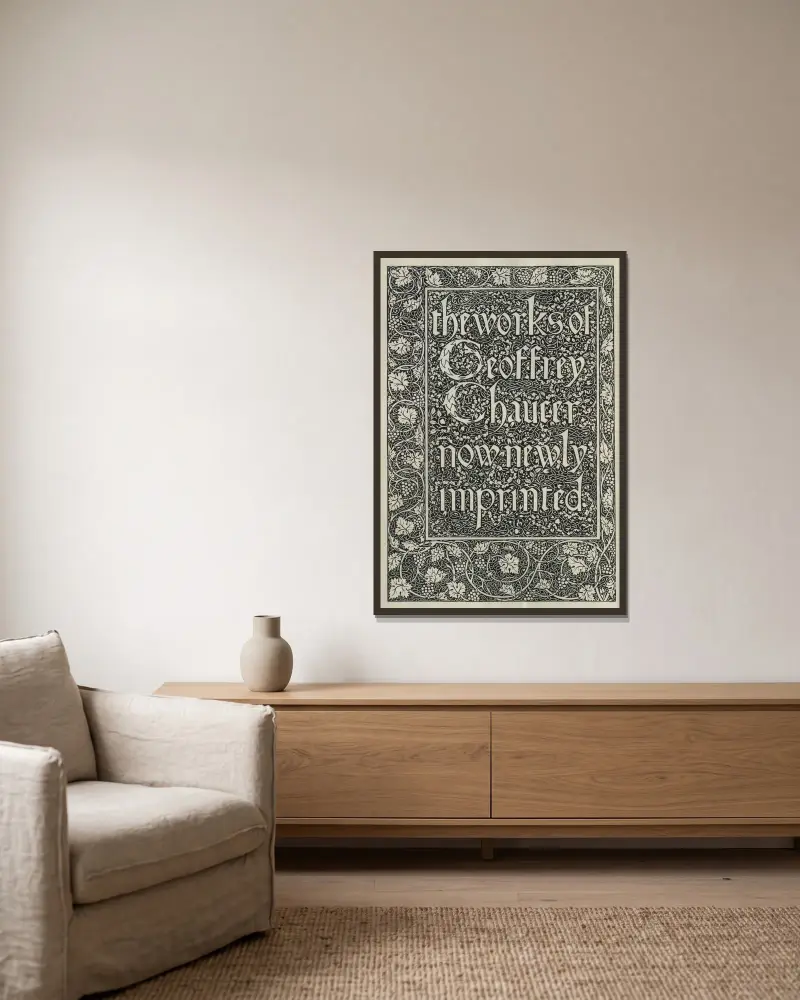 The works of Geoffrey Chaucer Pl.01 av Sir Edward Coley Burne-Jones inramad på en vägg