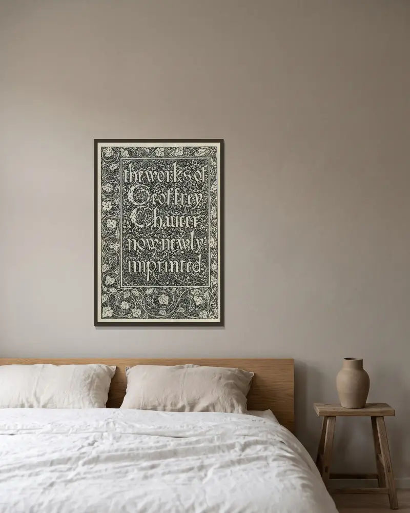 The works of Geoffrey Chaucer Pl.01 av Sir Edward Coley Burne-Jones inramad på en vägg