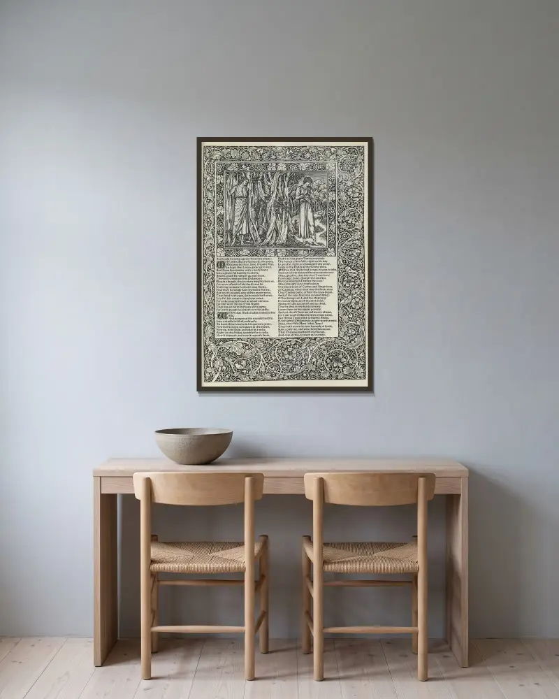 The works of Geoffrey Chaucer Pl.04 av Sir Edward Coley Burne-Jones inramad på en vägg