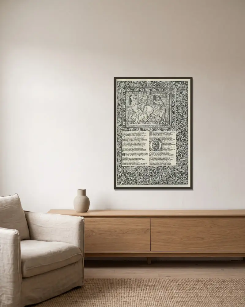 The works of Geoffrey Chaucer Pl.06 av Sir Edward Coley Burne-Jones inramad på en vägg