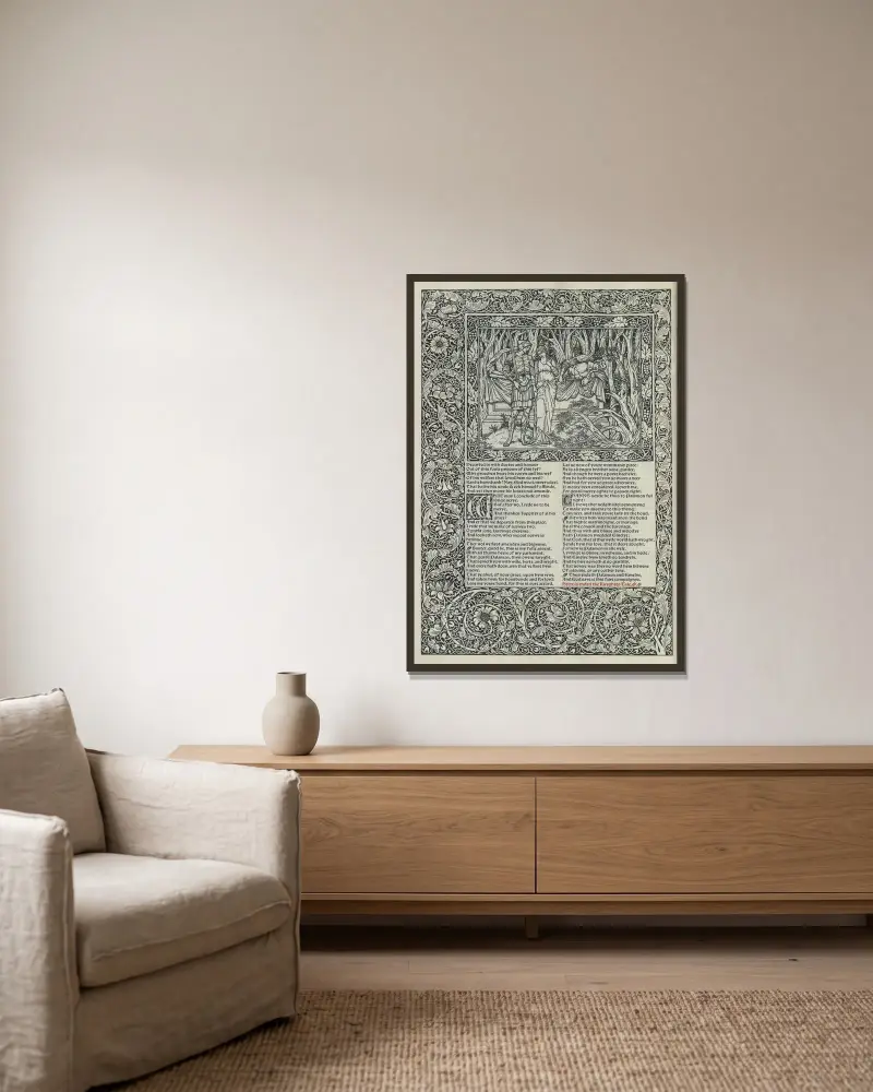 The works of Geoffrey Chaucer Pl.08 av Sir Edward Coley Burne-Jones inramad på en vägg
