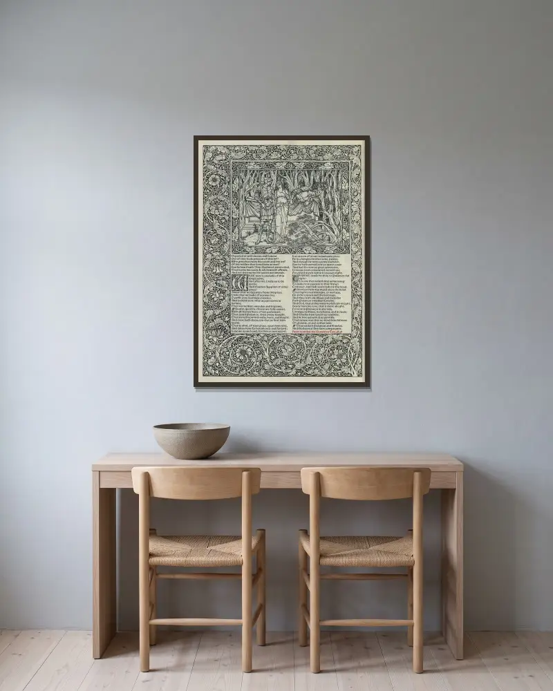The works of Geoffrey Chaucer Pl.08 av Sir Edward Coley Burne-Jones inramad på en vägg
