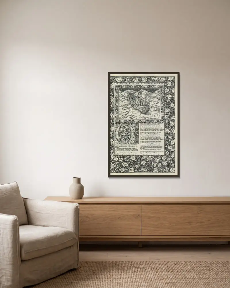 The works of Geoffrey Chaucer Pl.09 av Sir Edward Coley Burne-Jones inramad på en vägg