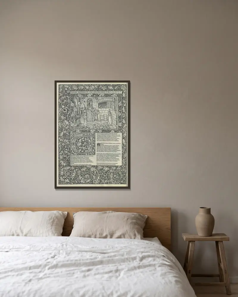 The works of Geoffrey Chaucer Pl.10 av Sir Edward Coley Burne-Jones inramad på en vägg