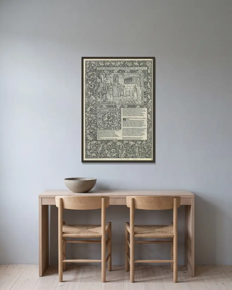 The works of Geoffrey Chaucer Pl.10 av Sir Edward Coley Burne-Jones inramad på en vägg
