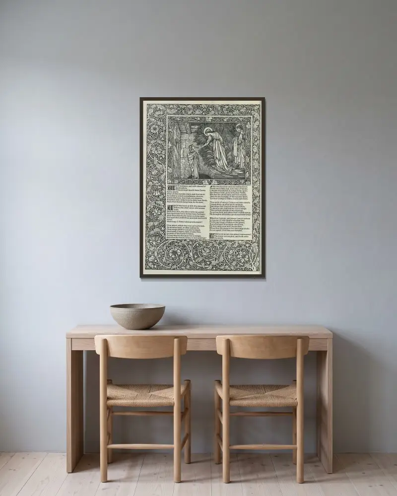 The works of Geoffrey Chaucer Pl.11 av Sir Edward Coley Burne-Jones inramad på en vägg