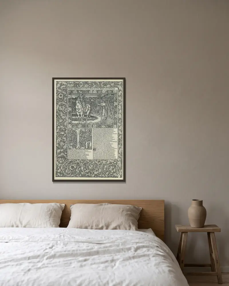 The works of Geoffrey Chaucer Pl.12 av Sir Edward Coley Burne-Jones inramad på en vägg