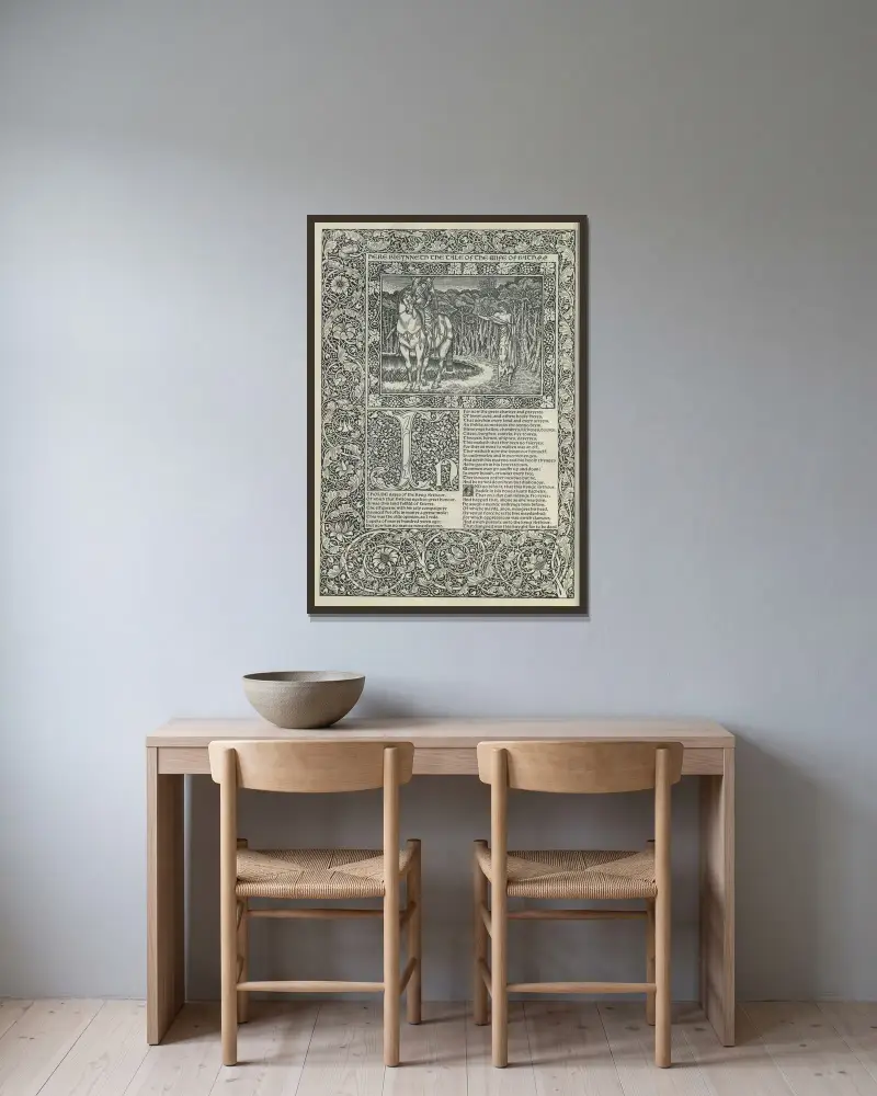 The works of Geoffrey Chaucer Pl.12 av Sir Edward Coley Burne-Jones inramad på en vägg