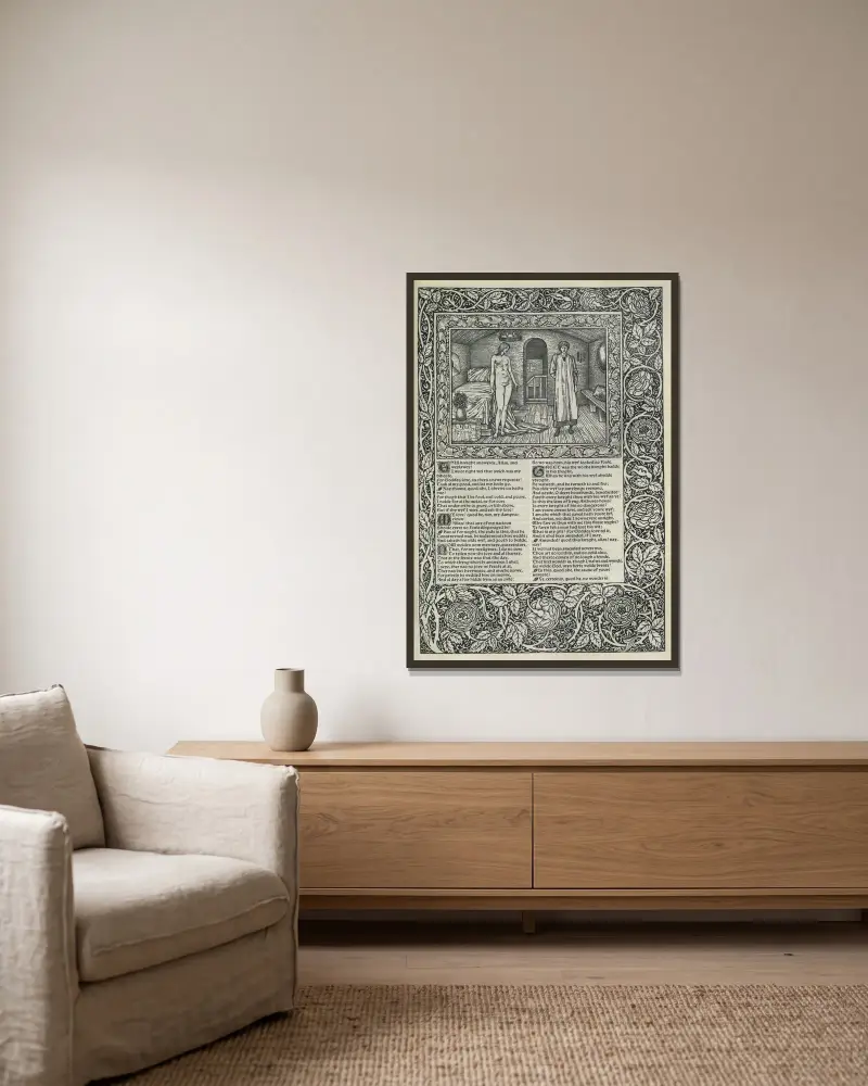 The works of Geoffrey Chaucer Pl.14 av Sir Edward Coley Burne-Jones inramad på en vägg