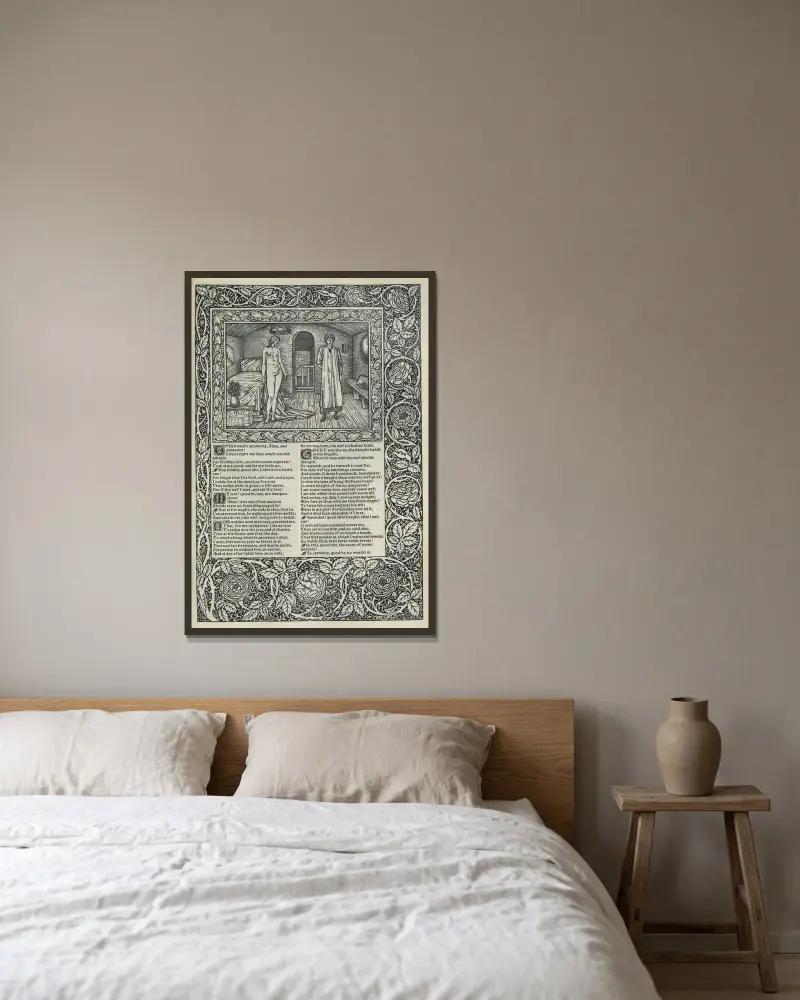 The works of Geoffrey Chaucer Pl.14 av Sir Edward Coley Burne-Jones inramad på en vägg
