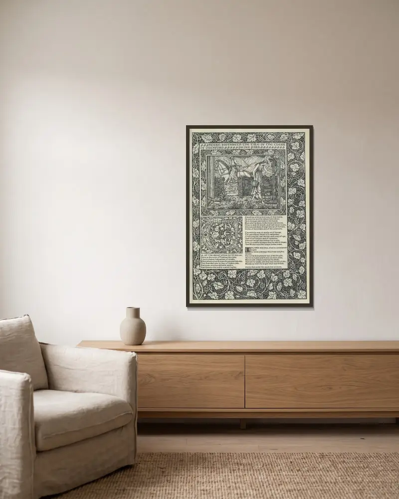 The works of Geoffrey Chaucer Pl.15 av Sir Edward Coley Burne-Jones inramad på en vägg