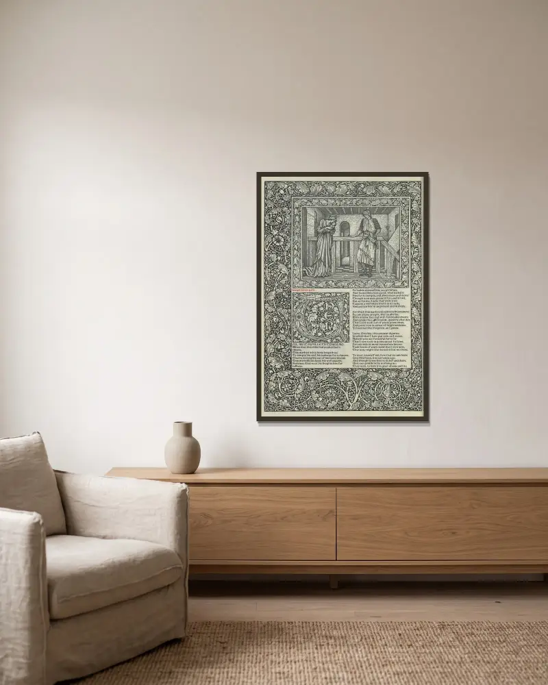 The works of Geoffrey Chaucer Pl.17 av Sir Edward Coley Burne-Jones inramad på en vägg