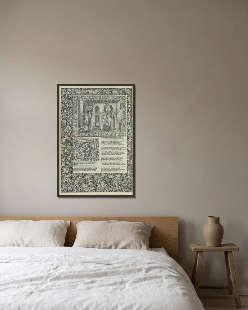 The works of Geoffrey Chaucer Pl.17 av Sir Edward Coley Burne-Jones inramad på en vägg