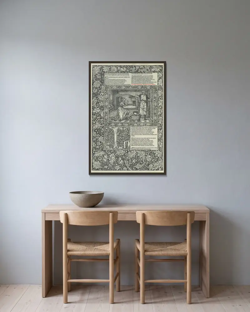 The works of Geoffrey Chaucer Pl.18 av Sir Edward Coley Burne-Jones inramad på en vägg