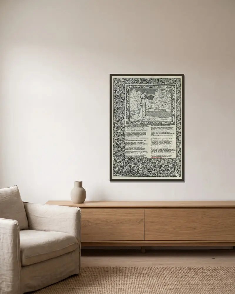 The works of Geoffrey Chaucer Pl.19 av Sir Edward Coley Burne-Jones inramad på en vägg