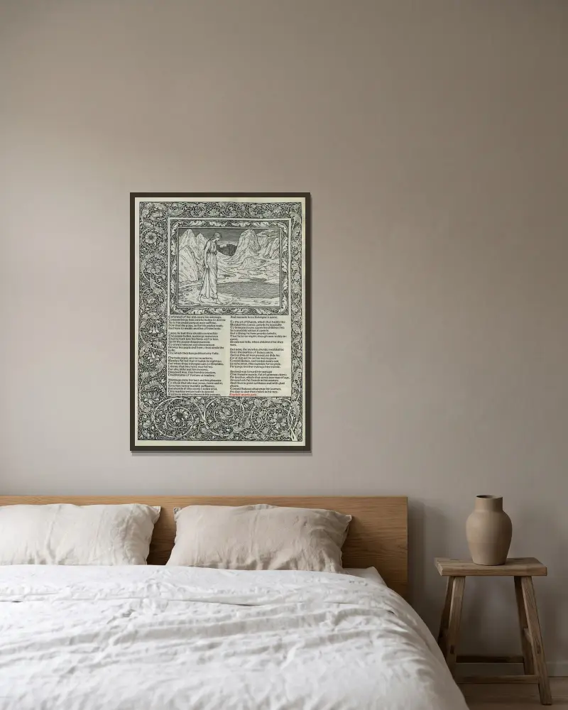The works of Geoffrey Chaucer Pl.19 av Sir Edward Coley Burne-Jones inramad på en vägg