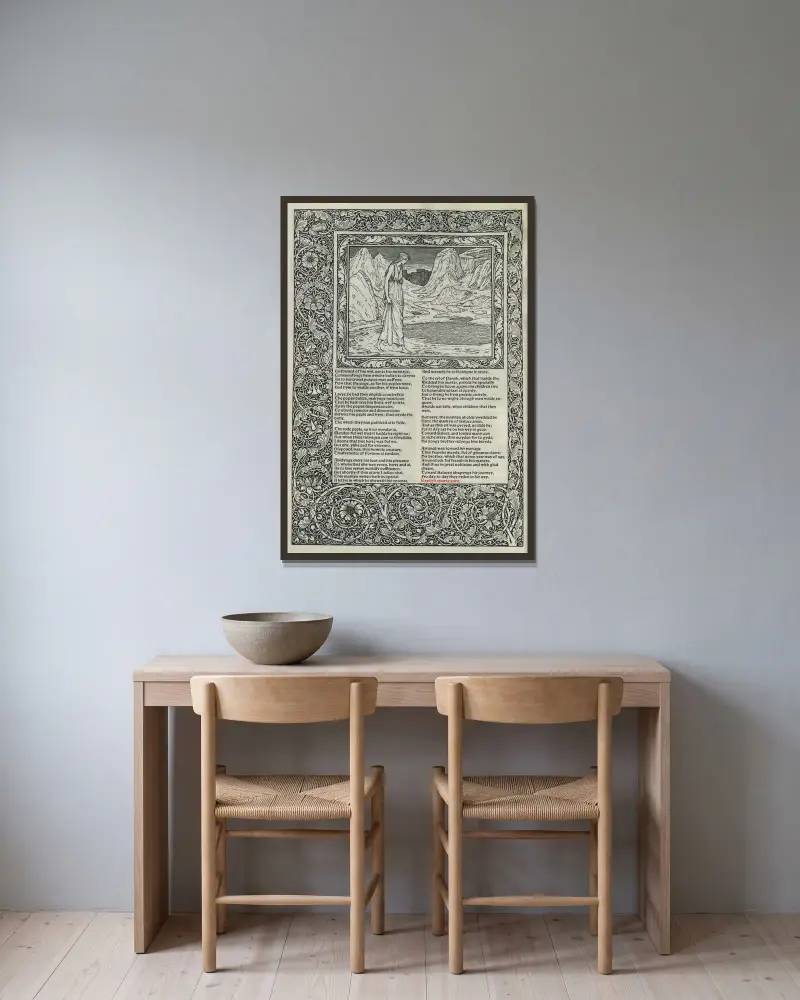 The works of Geoffrey Chaucer Pl.19 av Sir Edward Coley Burne-Jones inramad på en vägg