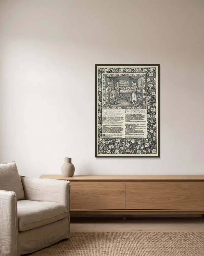 The works of Geoffrey Chaucer Pl.20 av Sir Edward Coley Burne-Jones inramad på en vägg