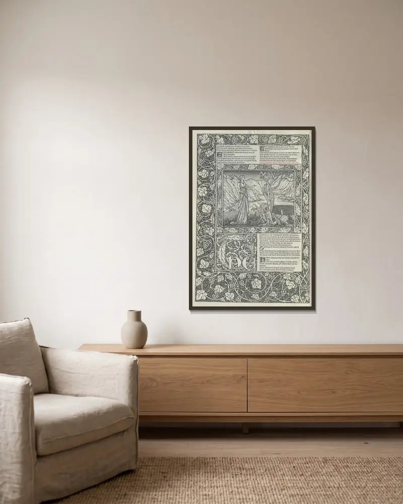 The works of Geoffrey Chaucer Pl.22 av Sir Edward Coley Burne-Jones inramad på en vägg