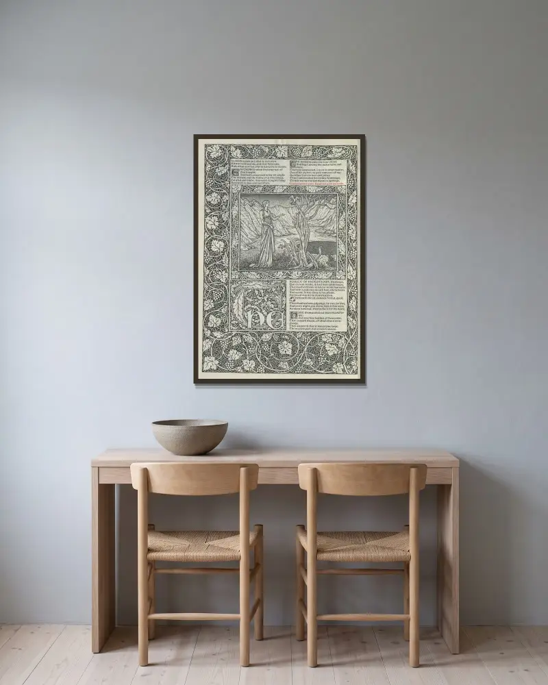 The works of Geoffrey Chaucer Pl.22 av Sir Edward Coley Burne-Jones inramad på en vägg