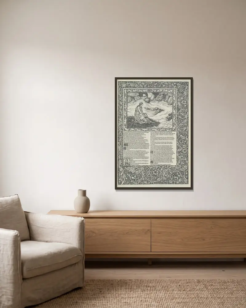 The works of Geoffrey Chaucer Pl.23 av Sir Edward Coley Burne-Jones inramad på en vägg