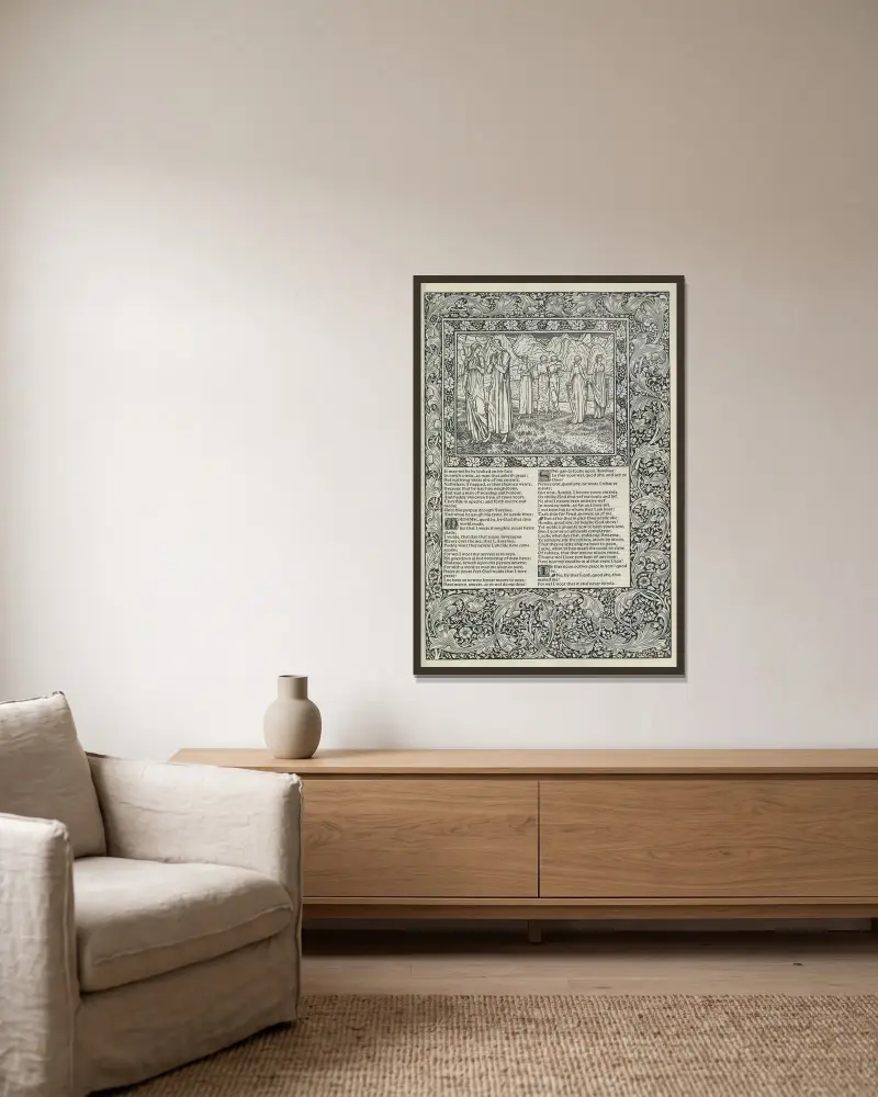 The works of Geoffrey Chaucer Pl.24 av Sir Edward Coley Burne-Jones inramad på en vägg