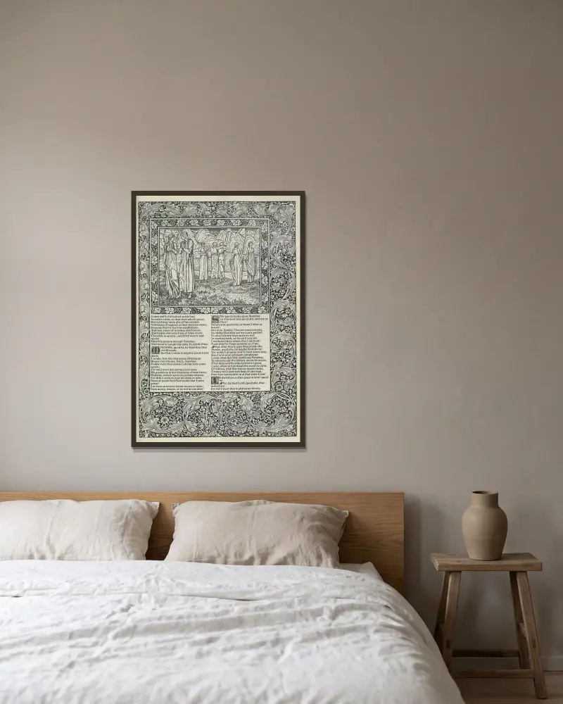 The works of Geoffrey Chaucer Pl.24 av Sir Edward Coley Burne-Jones inramad på en vägg