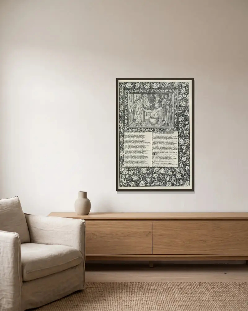 The works of Geoffrey Chaucer Pl.25 av Sir Edward Coley Burne-Jones inramad på en vägg