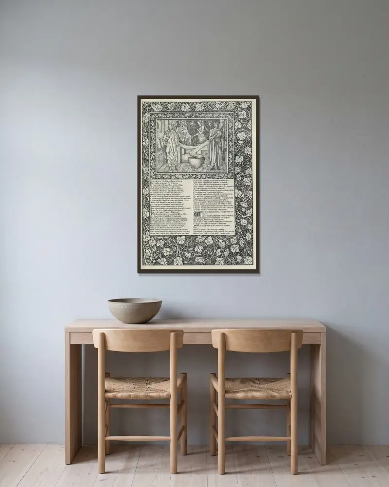The works of Geoffrey Chaucer Pl.25 av Sir Edward Coley Burne-Jones inramad på en vägg