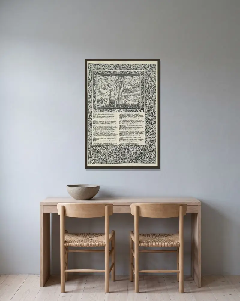 The works of Geoffrey Chaucer Pl.27 av Sir Edward Coley Burne-Jones inramad på en vägg