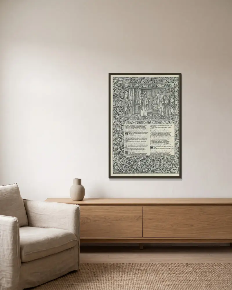 The works of Geoffrey Chaucer Pl.28 av Sir Edward Coley Burne-Jones inramad på en vägg